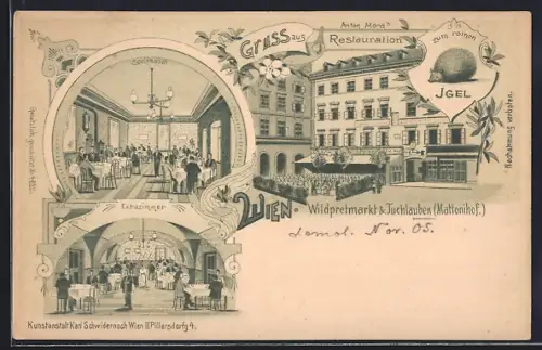 Lithographie Wien, Anton Mords Restauration zum rothen Igel, Wildpretmarkt & Tuchlauben, Mattonihof