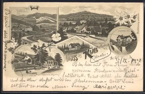 Lithographie Küb /N. Ö., Maders Restauration Wegererhof, Marien-Villa, Leopoldinen-Villa, Ortsansicht