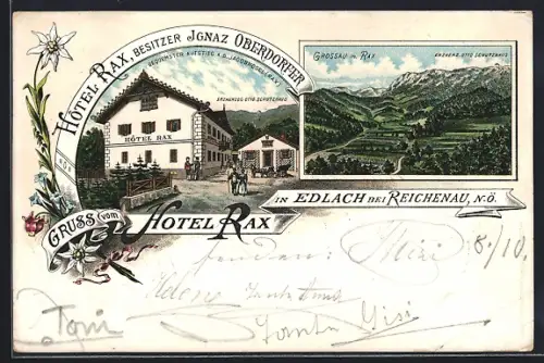 Lithographie Edlach bei Reichenau, Hotel Rax, Grossau mit Rax aus der Vogelschau