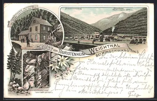 Lithographie Hirschwang /N. Ö., Touristenheim Weichthal der Section Hirschwang des ÖTC, Teufelsbadstube, Ortsansicht