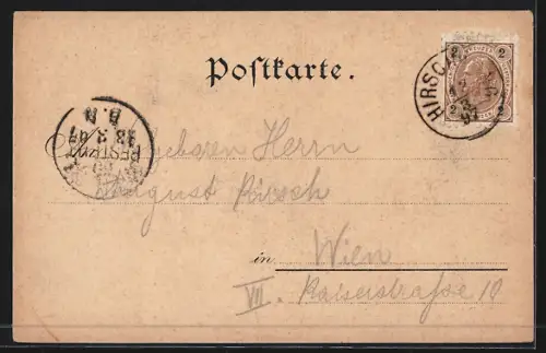 Lithographie Hirschwang /N. Ö., Touristenheim Weichthal der Section Hirschwang des ÖTC, Teufelsbadstube, Ortsansicht