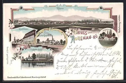 Lithographie Hohenau, Hauptstrasse, Bahnhof & Zuckerfabrik, Jägerhaus