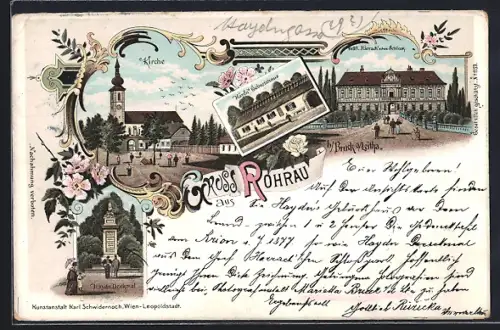 Lithographie Rohrau b. Bruck a. Leitha, Bräfl. Harrach`sches Schloss, Haydn Geburtshaus, Haydn Denkmal