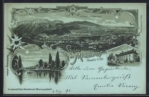 Mondschein-Lithographie Micheldorf im Kremsthal, C. Baumgartners Conditorei u. Canditenfabrik, Gradenteich, Ortsansicht