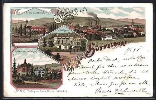 Lithographie Hütteldorf, Villa Wagner, Kirche Mariabrunn, Ortsansicht
