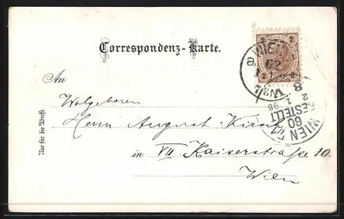 Lithographie Hütteldorf, Villa Wagner, Kirche Mariabrunn, Ortsansicht