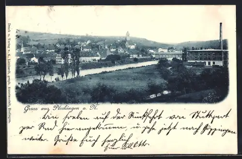 AK Plochingen a. N., Ortsansicht mit Neckar und Fabrik