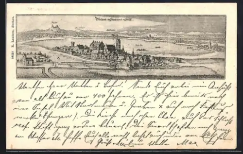 Künstler-AK Buchau / Federsee, Historische Ansicht aus der Vogelschau