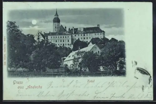 Mondschein-AK Andechs, Totalansicht mit Kloster