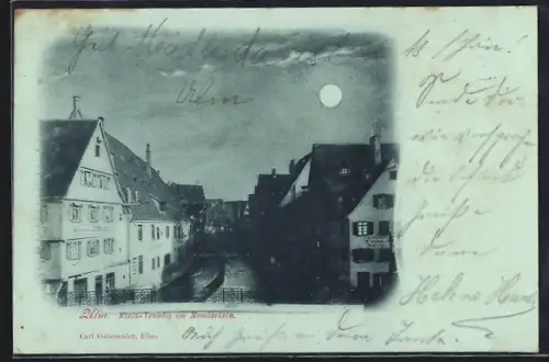 AK Ulm / Donau, Partie an der Blau bei Vollmond