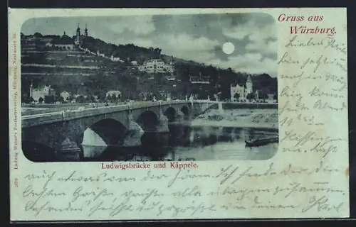 Mondschein-AK Würzburg, Ludwigsbrücke und Käppele