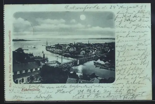 Mondschein-AK Eckernförde, Ortsansicht aus der Vogelschau