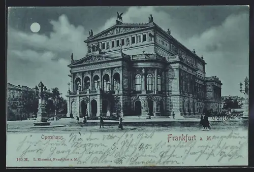 Mondschein-AK Frankfurt a. M., Opernhaus mit Opernplatz