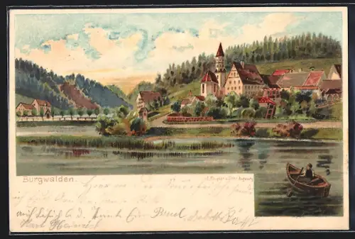 Lithographie Burgwalden, Blick vom Wasser auf den Ort
