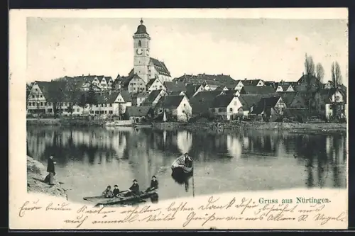AK Nürtingen, Ortsansicht mit Kirche und Ruderbooten