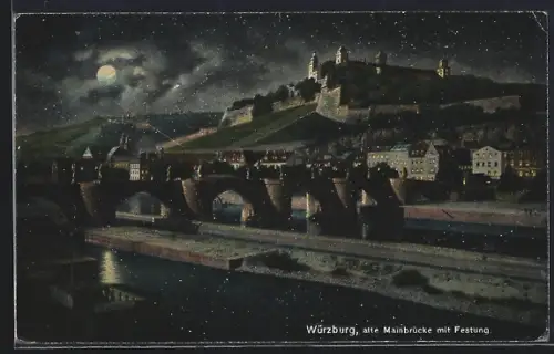 AK Würzburg, Alte Mainbrücke mit Festung