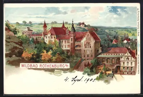 Lithographie Rothenburg / Tauber, Hotel Wildbad