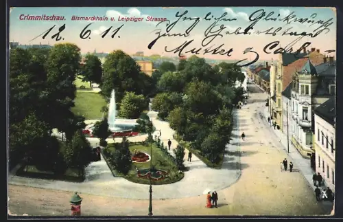 AK Crimmitschau, Bismarckhain und Leipziger Strasse