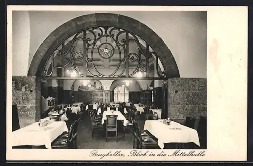 AK Leipzig, Gasthaus Burgkeller, Am Naschmarkt, Blick in die Mittelhalle