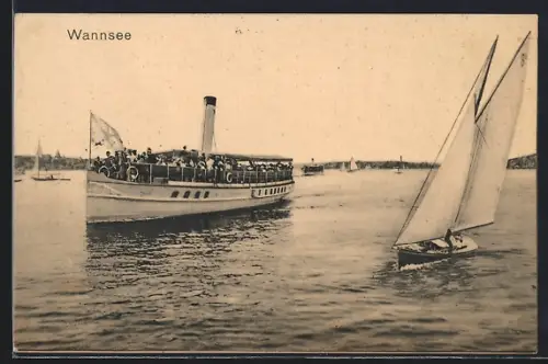 AK Berlin, Dampfer und Segelboot auf dem Wannsee