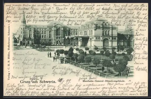 AK Schwerin / Mecklenburg, Bahnhof und Eisenbahn-General-Directionsgebäude