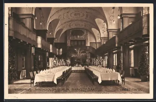 AK Berlin-Tiergarten, Innenansicht Weinhaus Rheingold, Bankett Saal mit Fest-Tafel