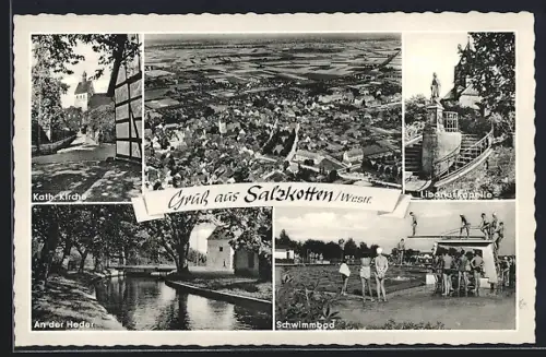 AK Salzkotten / Westf., Schwimmbad, Liboriuskapelle, kath. Kirche, Gesamtansicht