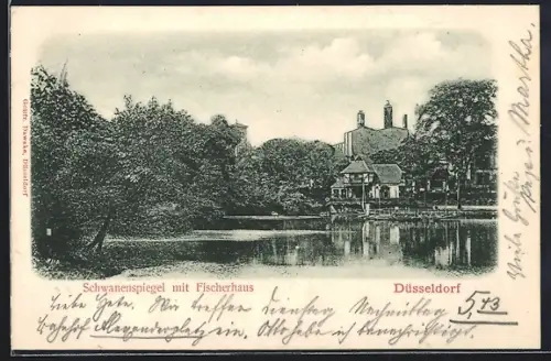 AK Düsseldorf, Schwanenspiegel mit Fischerhaus
