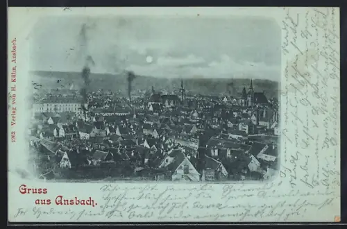 Mondschein-AK Ansbach / Bayern, Blick auf die Stadt bei nächtlichem Mondschein