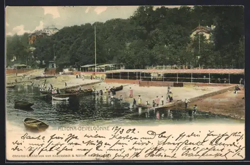 AK Hamburg, Altona, Oevelgönne, Strand mit Steg, Booten und Badenen