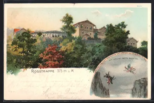 Lithographie Thale, Partie a. d. Rosstrappe, Der Sprung übers Bodethal