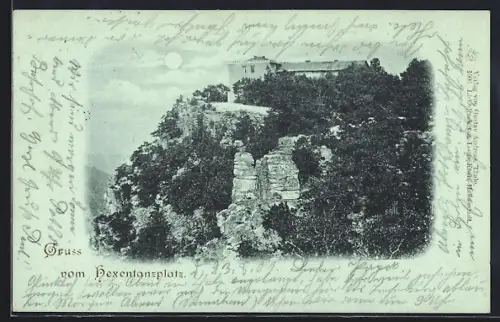 Mondschein-AK Thale, Blick auf den Hexentanzplatz bei Vollmond
