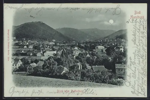 Mondschein-AK Bad Harzburg, Blick vom Butterberg nach dem Ort