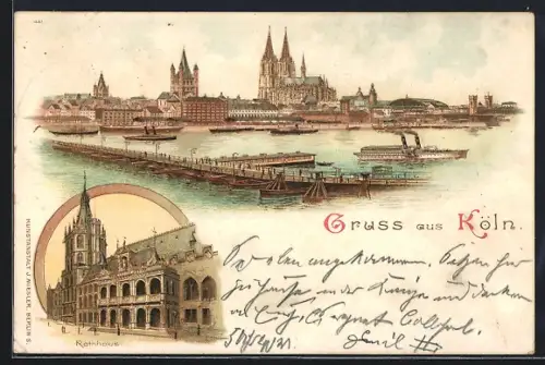 Lithographie Köln, Panorama, Rathaus