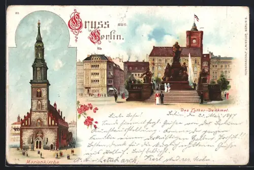 Lithographie Berlin, Marienkirche, Luther-Denkmal, Neuer Markt