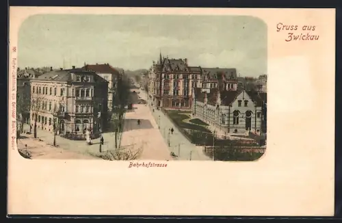 AK Zwickau, Blick entlang der Bahnhofstrasse