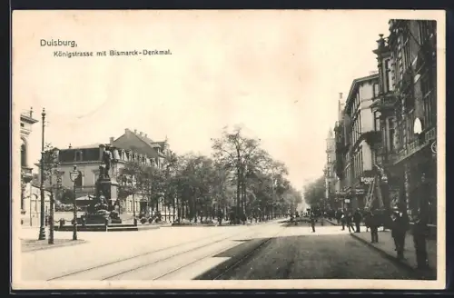 AK Duisburg, Königstrasse mit dem Bismarck-Denkmal