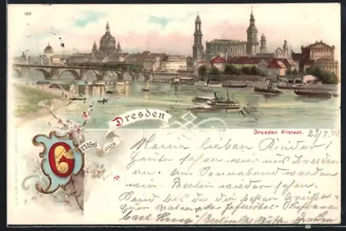 Lithographie Dresden, Blick zur Altstadt