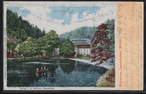 Seiden-Imitations-AK Mittweida, Blick zur Lauenhainer Mühle