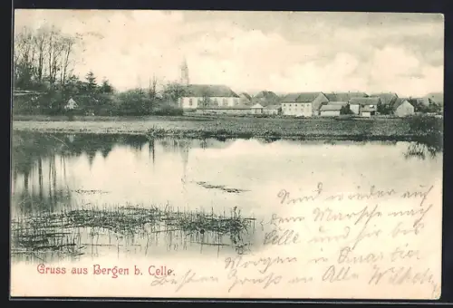 AK Bergen b. Celle, Blick über den Teich nach dem Ort