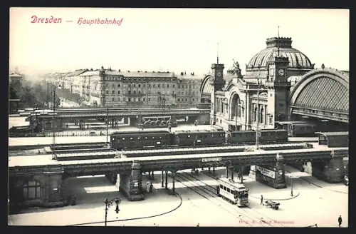 AK Dresden, Blick auf den Hauptbahnhof mit Strassenbahn
