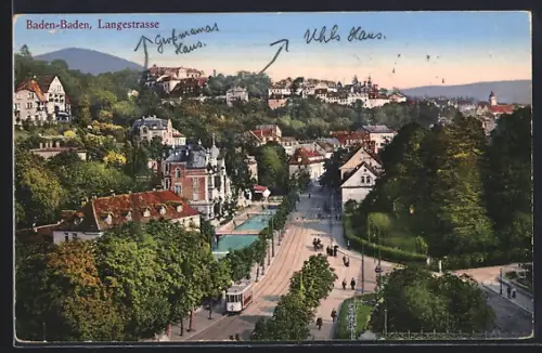 AK Baden-Baden, die Langestrasse mit Strassenbahn