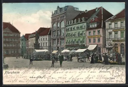 AK Pforzheim, Marktplatz mit Marktständen und Geschäften