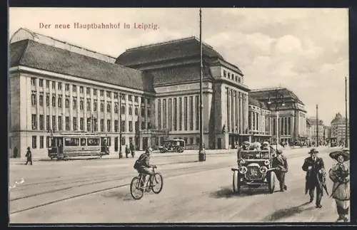 AK Leipzig, der neue Hauptbahnhof mit Strassenbahn
