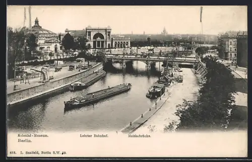AK Berlin-Tiergarten, Blick nach dem Lehrter Bahnhof mit Moltkebrücke und Kolonial Museum