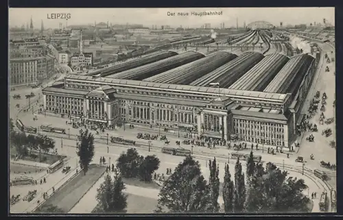 AK Leipzig, Neuer Hauptbahnhof und Strassenbahnen aus der Vogelschau
