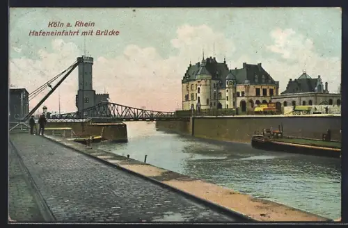 AK Köln / Rhein, Hafeneinfahrt mit Brücke