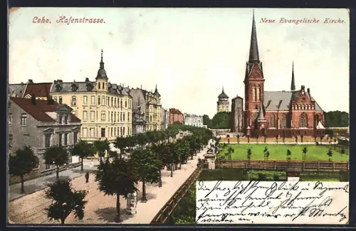 AK Lehe / Bremerhaven, Hafenstrasse mit Neuer Ev. Kirche