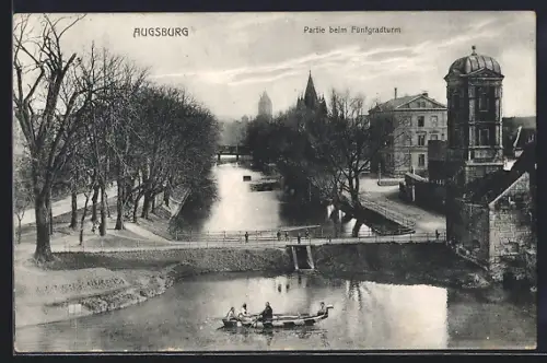 AK Augsburg, Partie beim Fünfgratturm mit Brücke und Boot