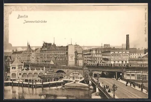 AK Berlin, Blick auf die Jannowitzbrücke mit Dampferstation, Werbung an Hauswänden